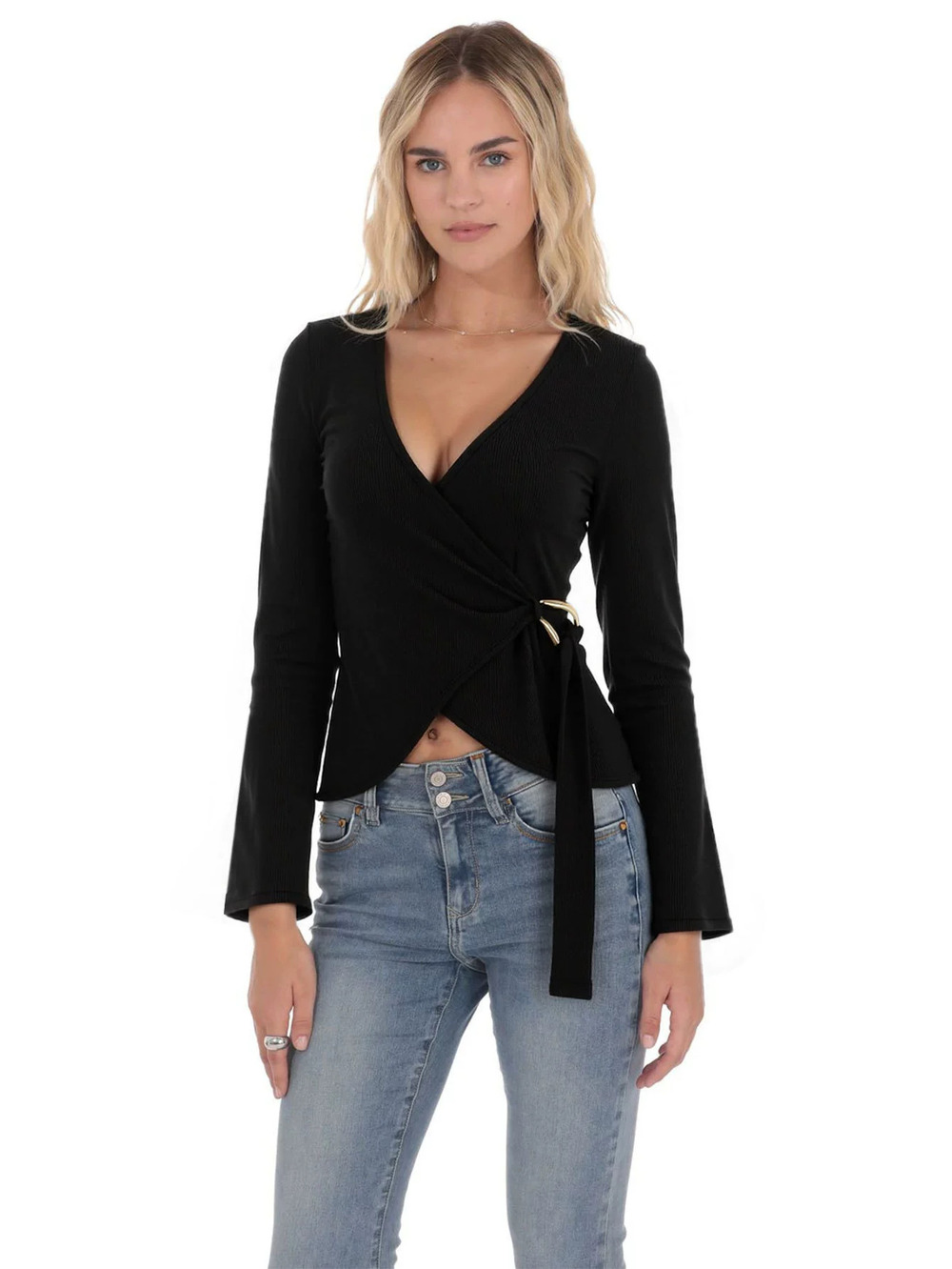 ZARA French Style Fitted Black Knit Top Long Sleeve Front Tie Gold Ring